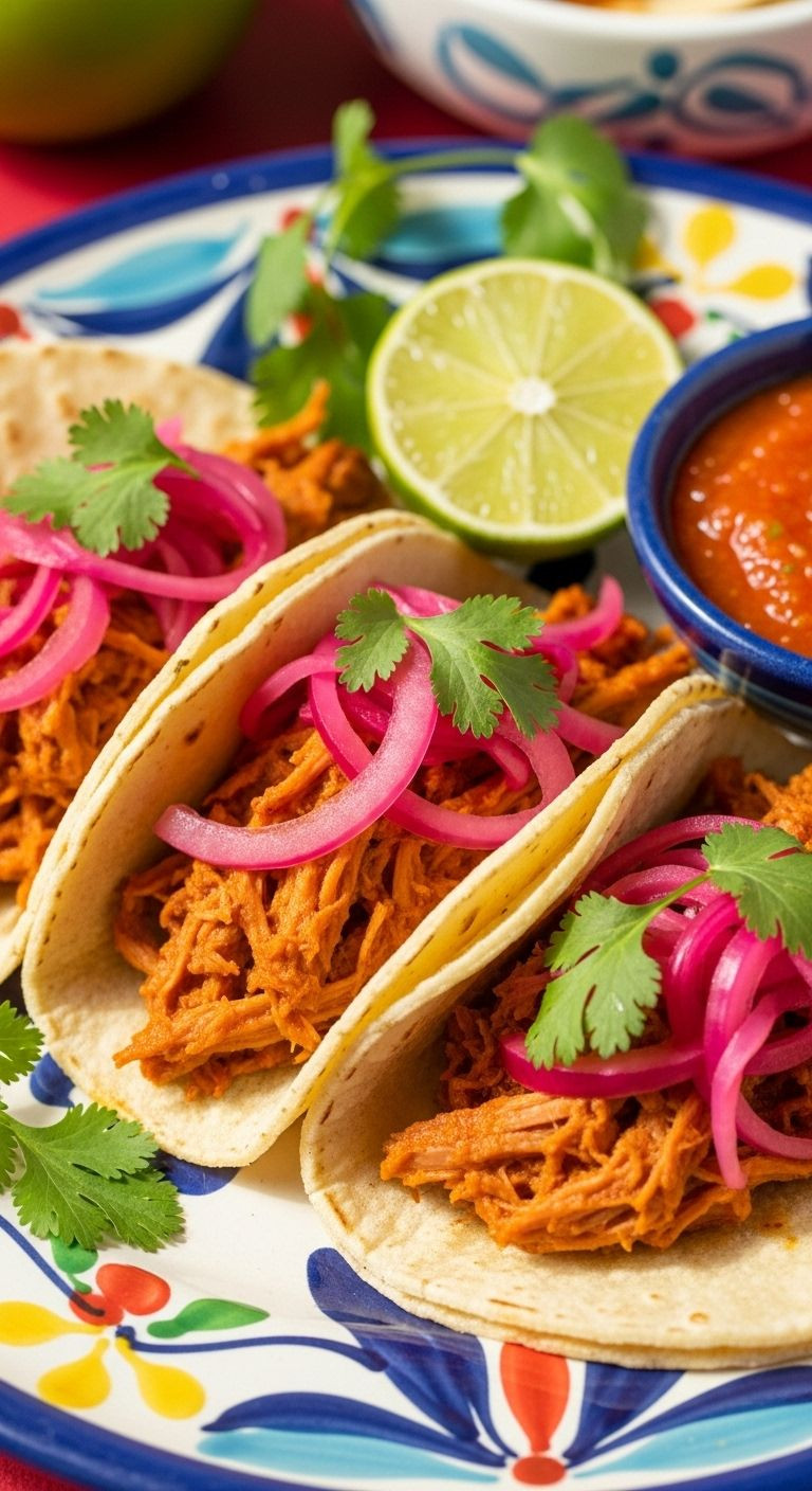 Photorealistic Close-Up Of Three Vibrant Cochinita Pibil Tacos On A Hand-Painted Plate, Generously Topped With Pickled Red Onions And Cilantro, With Lime And Habanero Salsa On The Side, Under Bright, Natural Light.