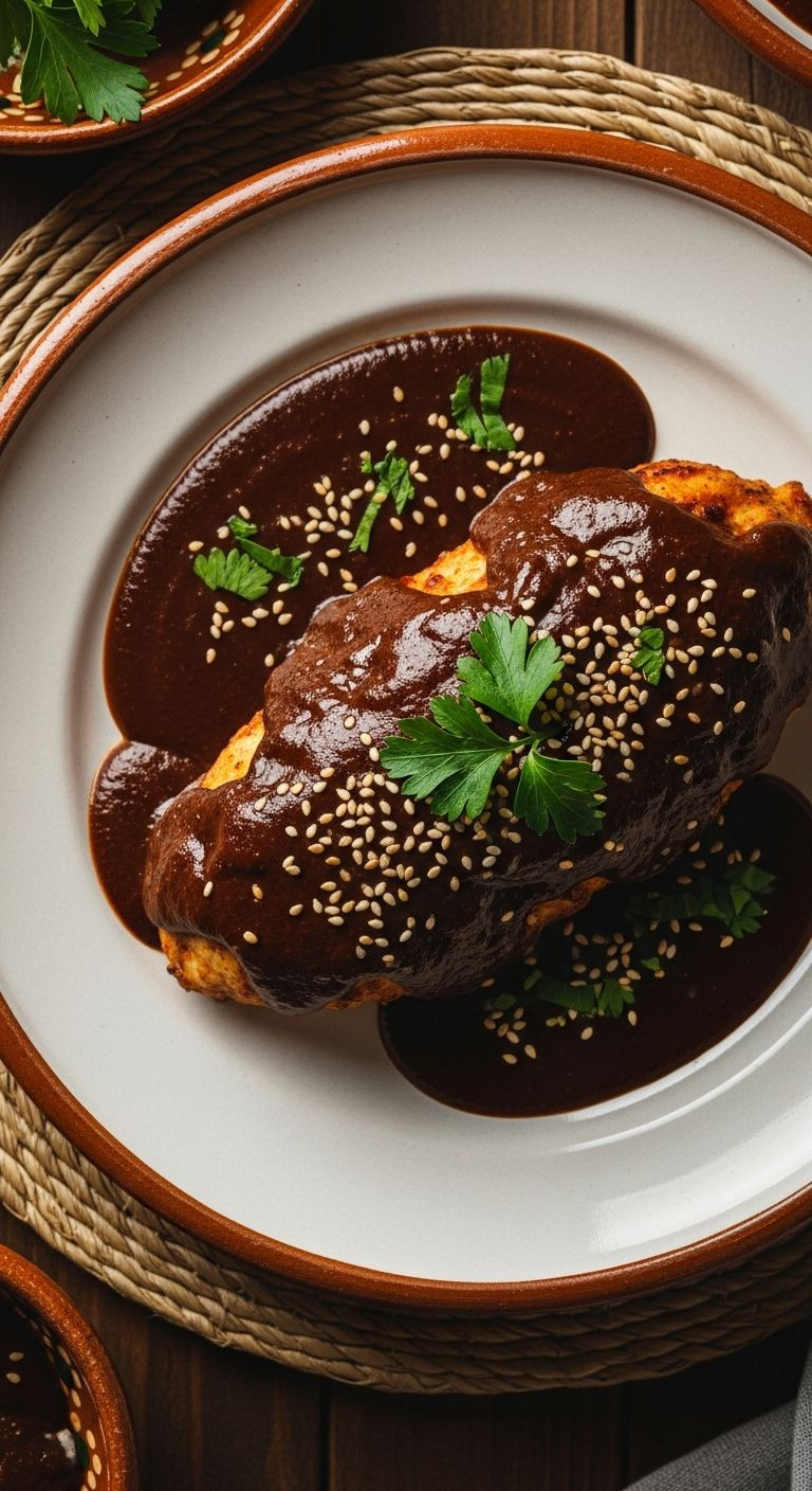 Photorealistic Image Of A Traditional Mexican Earthenware Plate With Tender Chicken Or Turkey Generously Smothered In Thick, Glossy Mole Poblano Sauce, Garnished With Sesame Seeds And Parsley On A Rustic Placemat, Under Warm, Dramatic Lighting.