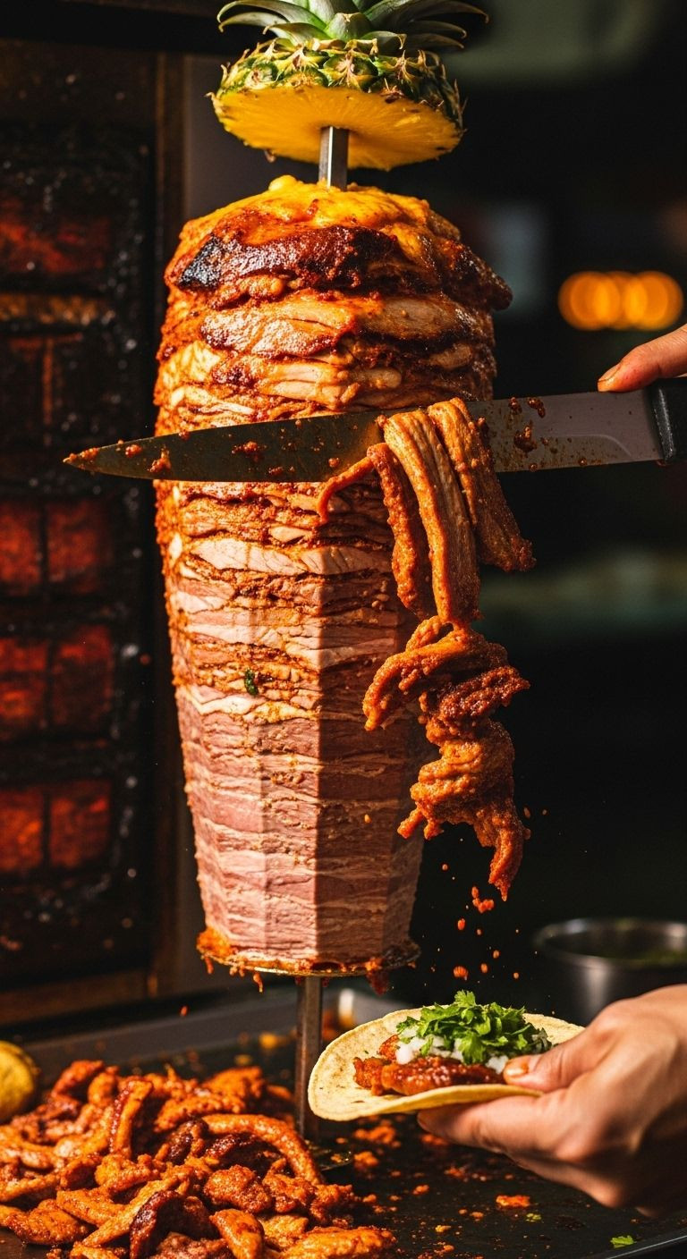 Photorealistic Close-Up Of A Taquero Carving Glistening Al Pastor Pork From A Vertical Spit With Pineapple, Ready For A Taco, Evoking An Energetic Nighttime Street Food Vibe.