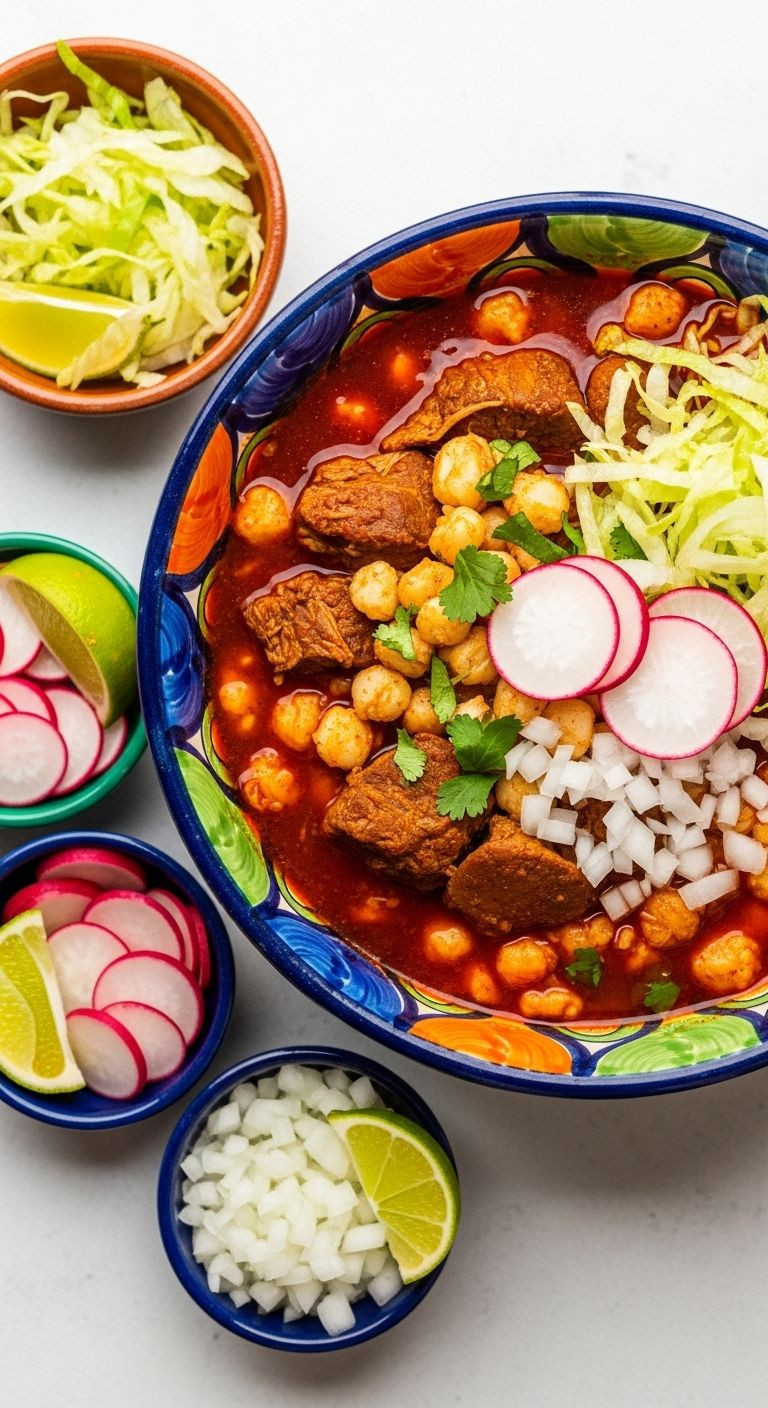 Photorealistic Top-Down Shot Of A Vibrant Pozole Rojo In A Ceramic Bowl With Pork And Hominy, Surrounded By Fresh Garnishes Of Lettuce, Radishes, Onion, And Lime Wedges, Under Bright, Natural Light.