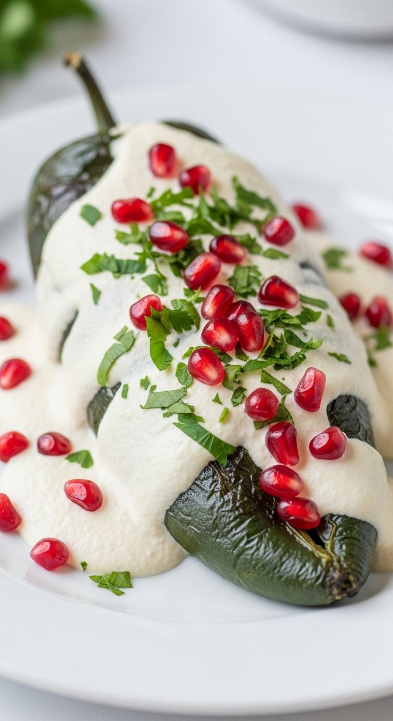 Photorealistic Image Of A Beautifully Plated Chile En Nogada, Featuring A Roasted Poblano Chile Draped In Creamy Walnut Sauce And Garnished With Vibrant Pomegranate Seeds And Green Parsley, Perfectly Representing The Mexican Flag.