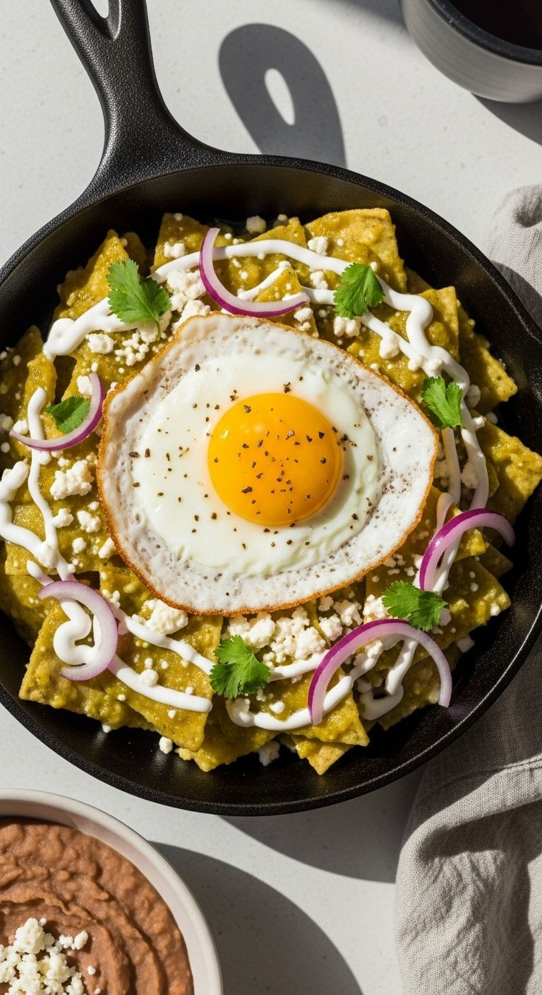 Photorealistic Top-Down View Of A Cast-Iron Skillet Filled With Vibrant Chilaquiles Verdes, Topped With A Sunny-Side-Up Egg, Queso Fresco, Crema, Red Onion, And A Side Of Refried Beans, All Bathed In Bright Morning Light.