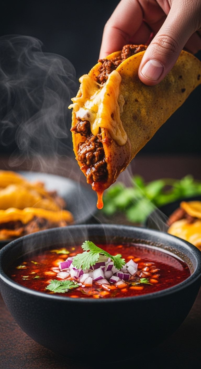 Photorealistic Close-Up Of A Hand Dipping A Cheesy, Crispy Birria Taco Into A Steaming Bowl Of Rich Red Consommé Topped With Onion And Cilantro, Capturing The Delicious Drip In A Dramatic, Appetizing Light.