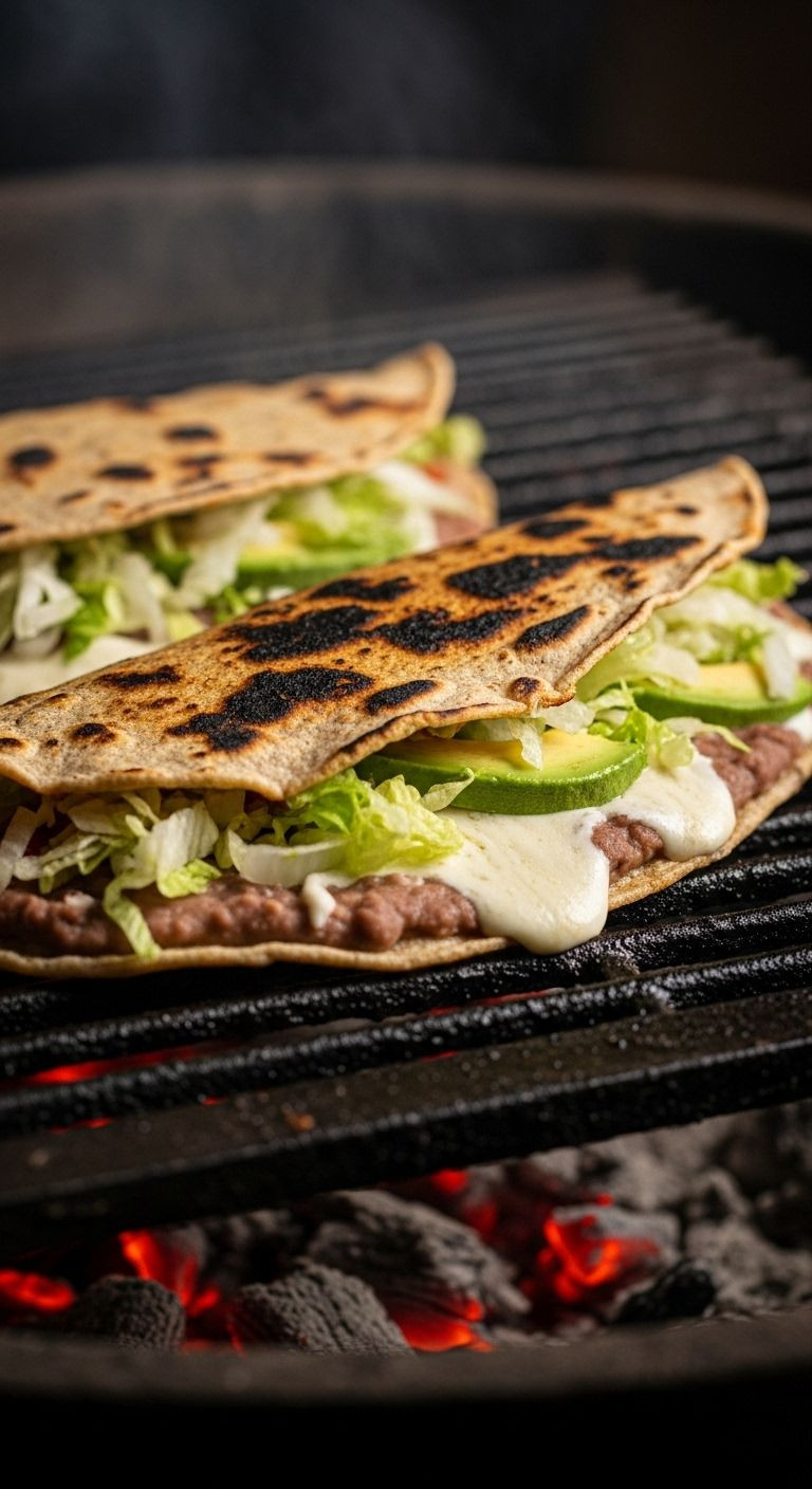 Photorealistic Image Of A Large, Folded Tlayuda Roasting Over Charcoal, Revealing Melted Oaxaca Cheese And Other Fillings, With A Visibly Crispy And Charred Tortilla, Conveying A Rustic And Authentic Mood.
