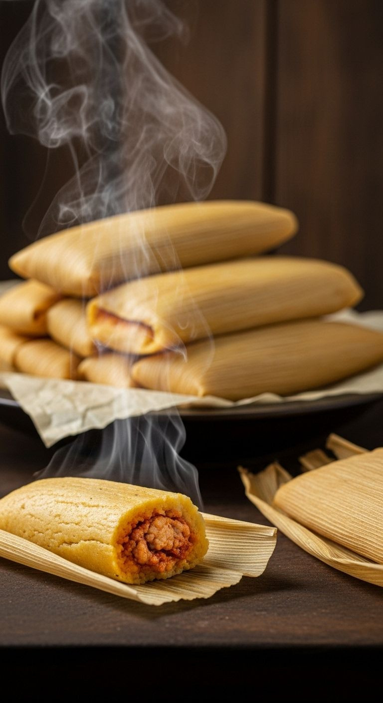 Photorealistic Image Of Freshly Steamed Tamales In A Rustic Basket, With One Partially Unwrapped To Reveal Soft Masa And Savory Red Chile Pork Filling, Bathed In Warm Morning Light.