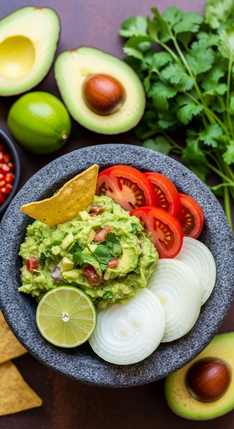 Photorealistic Top-Down Shot Of Chunky Guacamole In A Traditional Stone Molcajete, Surrounded By Fresh Ingredients Like Avocado, Lime, Tomato, Onion, And Cilantro, With Tortilla Chips Dipped In.