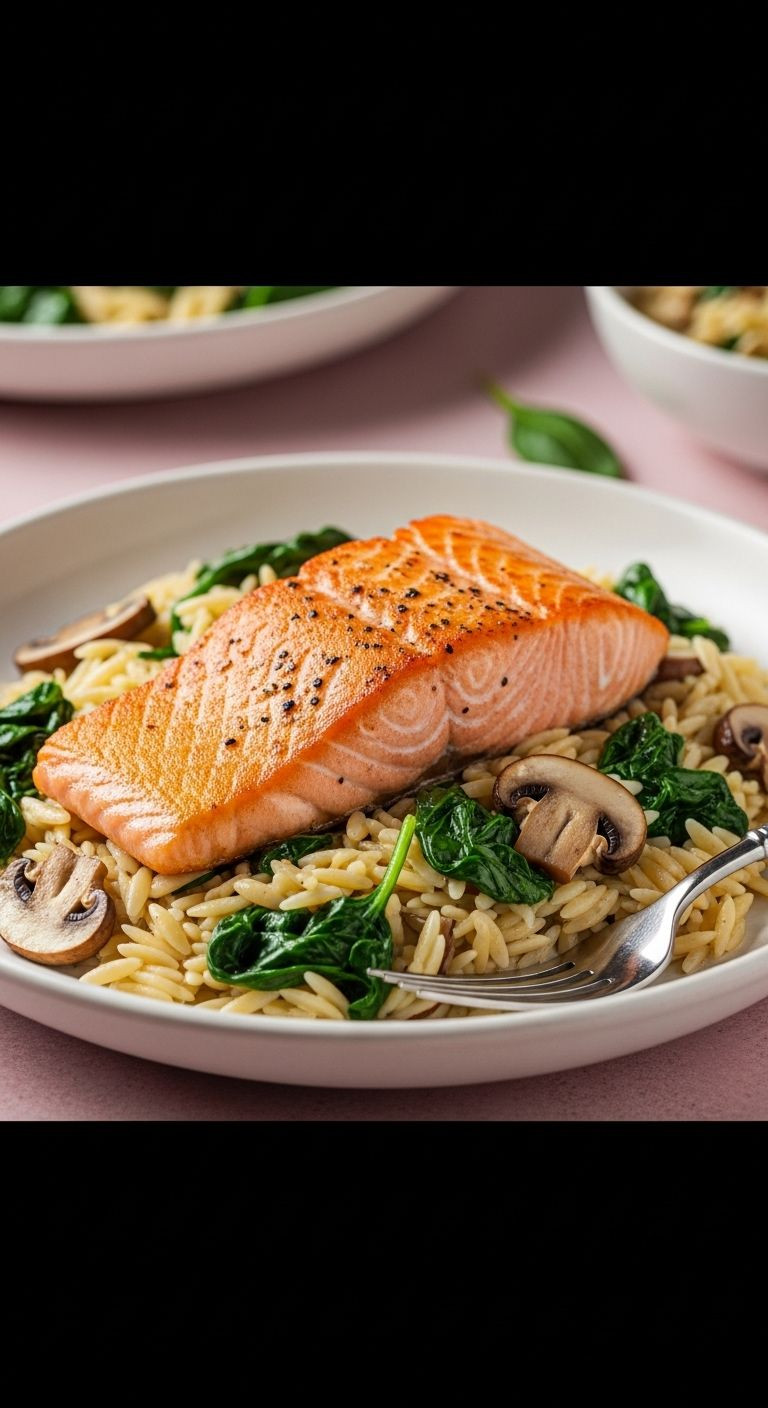 An Elegant And Healthy Dish Featuring Pan-Seared Salmon Over Creamy Orzo Pasta With Wilted Spinach And Sautéed Mushrooms.