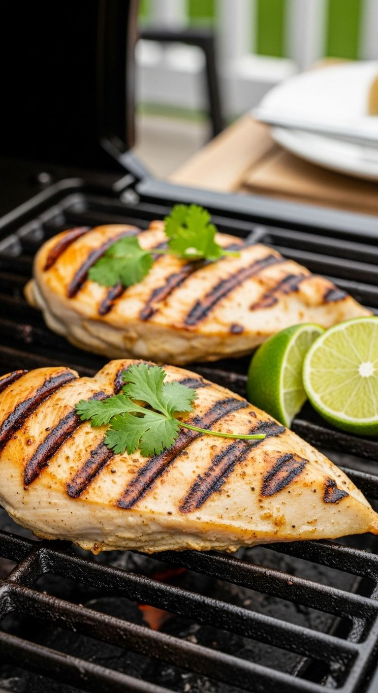 Two Plump, Perfectly Grilled Chicken Breasts With Grill Marks, Garnished With Fresh Cilantro And Lime Wedges On An Outdoor Grill.