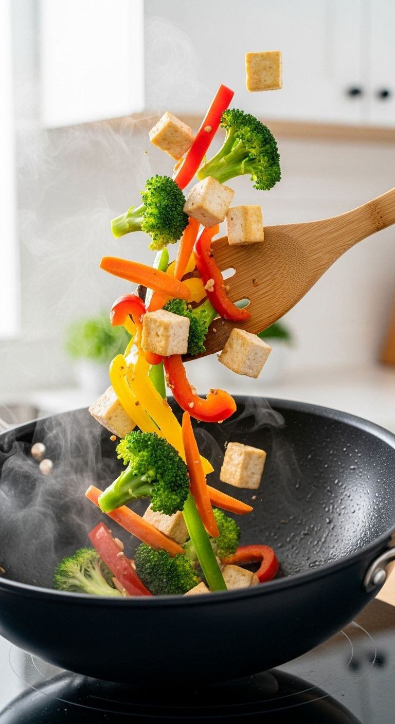 A Vibrant Stir-Fry With Colorful Vegetables And Tofu Being Tossed In A Wok, Radiating Energy And Health.