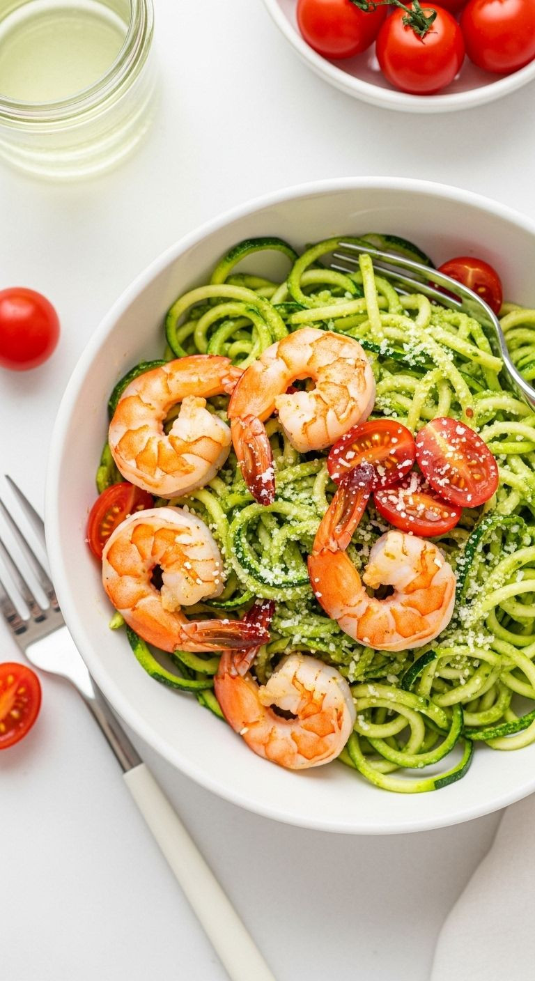 A Fresh And Healthy Bowl Of Zucchini Noodles With Pesto, Grilled Shrimp, Cherry Tomatoes, And Parmesan Cheese.