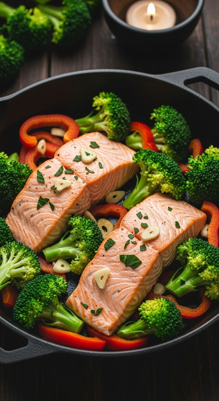 A Cozy, Rustic Cast-Iron Skillet Filled With Perfectly Cooked Salmon Fillets, Crisp Broccoli Florets, Red Bell Pepper Slices, And Minced Garlic.