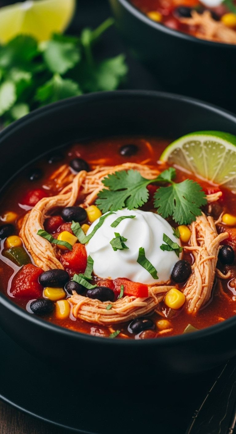 A Comforting Bowl Of Tex-Mex Chicken Soup With Shredded Chicken, Black Beans, Corn, Peppers, Greek Yogurt, Cilantro, And A Lime Slice.