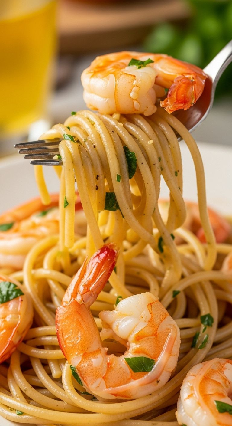 A Romantic, Warm Close-Up Of A Fork Twirling Whole Wheat Spaghetti With Lemon-Garlic Sauce, Plump Shrimp, And Fresh Parsley.