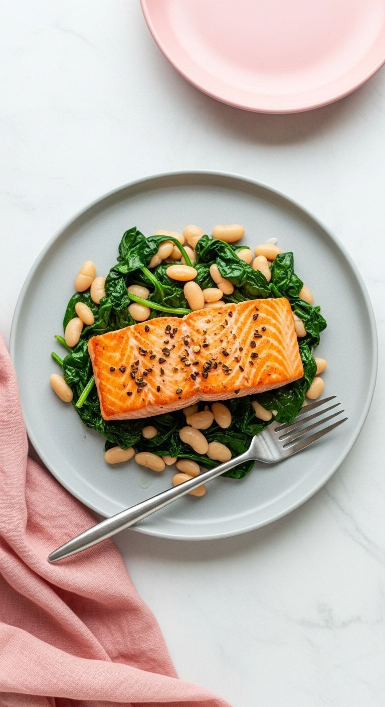 A Clean And Modern Plate Featuring A Seared Salmon Fillet, Garlicky Wilted Spinach, And Creamy White Beans.