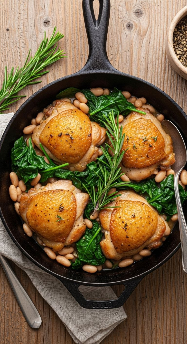 A Rustic Cast-Iron Skillet Filled With Golden-Brown Chicken Thighs, Wilted Spinach, And White Beans, Garnished With Rosemary On A Wooden Table.