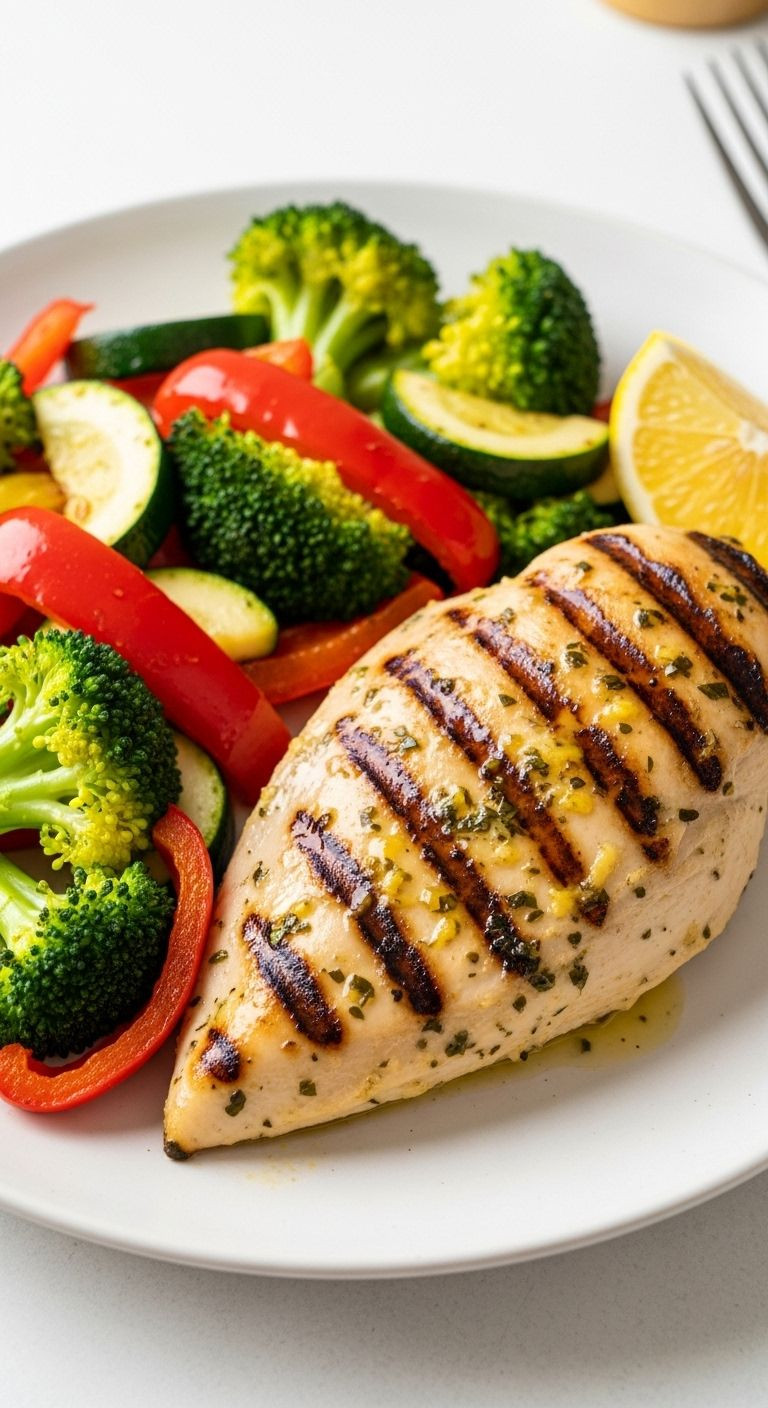 A Vibrant, Healthy Dinner Featuring Grilled Chicken, Roasted Broccoli, Red Bell Pepper, And Zucchini With A Lemon Wedge.