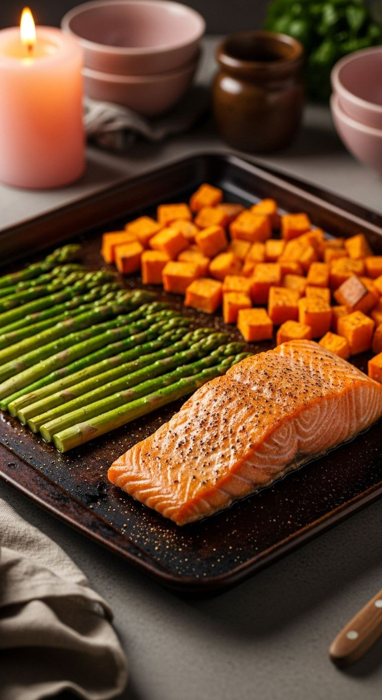 A Healthy Sheet Pan Dinner Featuring Perfectly Cooked Salmon, Vibrant Green Asparagus, And Roasted Orange Sweet Potato Cubes.