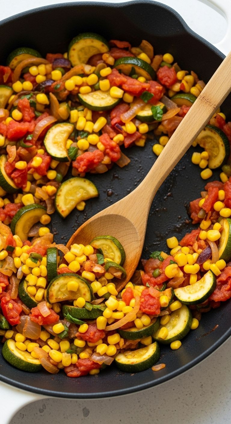 Photorealistic Vertical Portrait Of A Vibrant Skillet Of Freshly Cooked Calabacitas With A Wooden Spoon, Brightly Lit To Highlight The Lush Greens, Yellows, And Reds Of The Vegetables.
