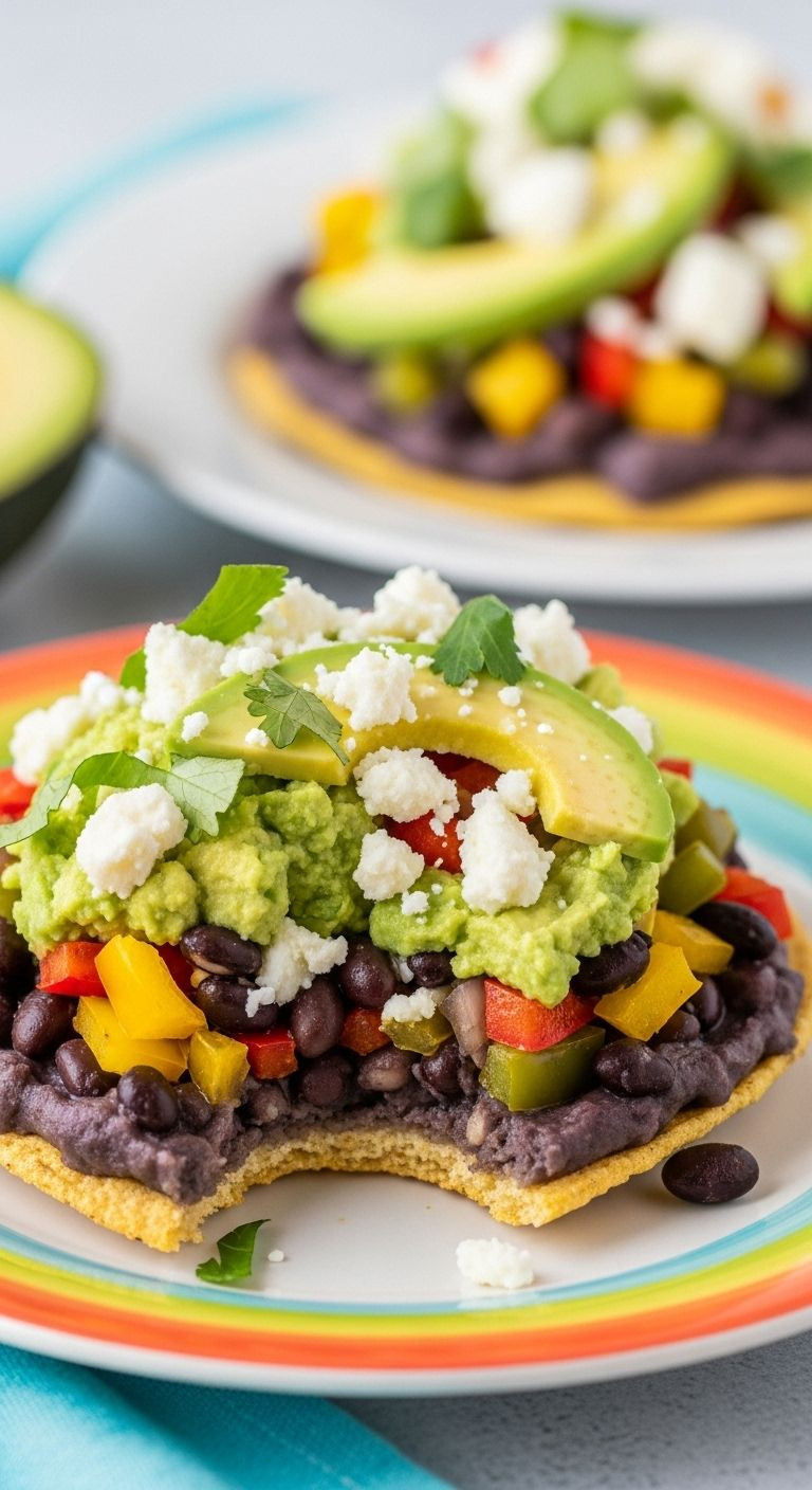Photorealistic Vertical Portrait Of Two Vibrant, Generously Topped Black Bean Tostadas On A Colorful Plate, One With A Bite Taken, Under Bright, Even Lighting.