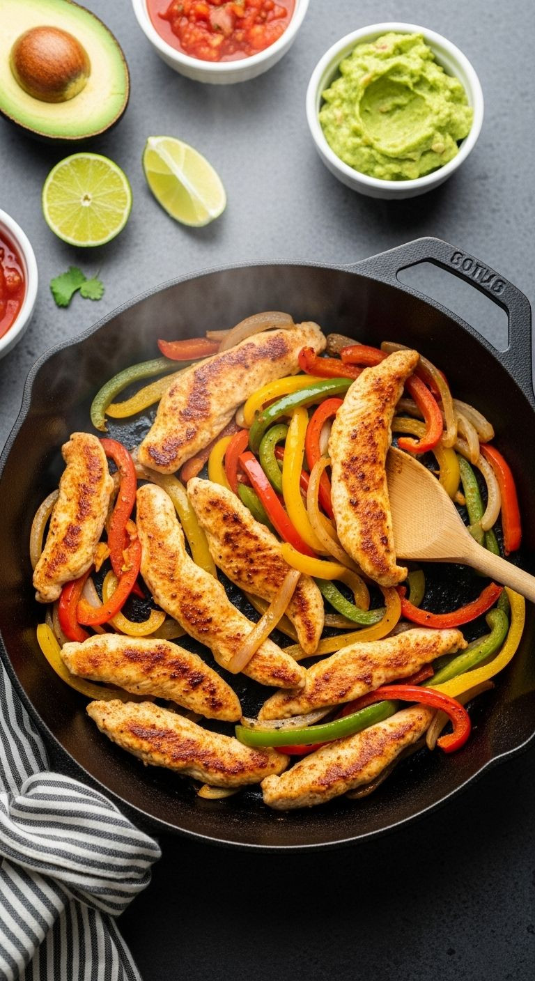 Photorealistic Vertical Portrait Of A Sizzling Cast-Iron Skillet Filled With Chicken Fajitas, Being Tossed With A Wooden Spoon, With Guacamole, Salsa, And Limes In The Warm Background.