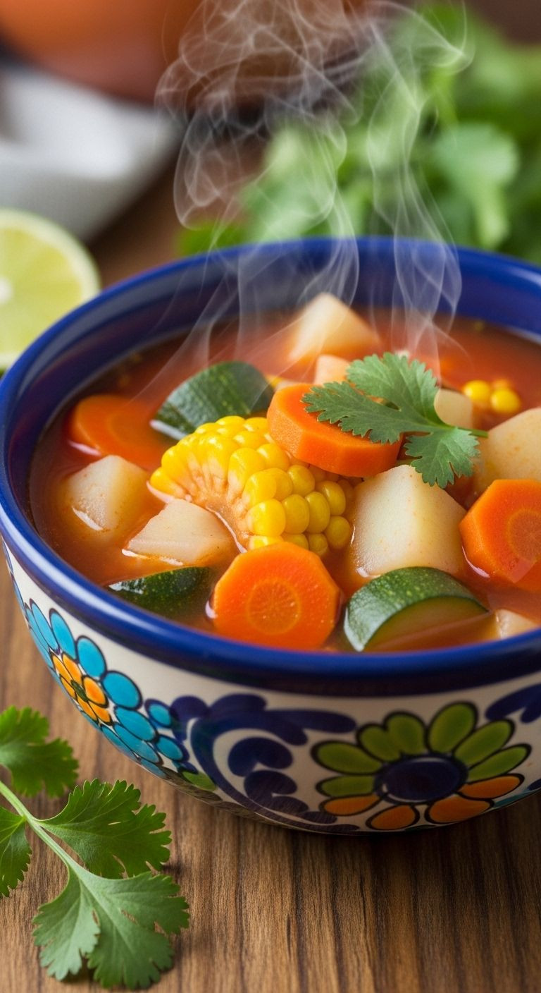 Photorealistic Vertical Portrait Of A Cozy, Steaming Bowl Of Chunky Sopa De Verduras In A Rustic Ceramic Bowl On A Wooden Table, With Cilantro And Lime Nearby.
