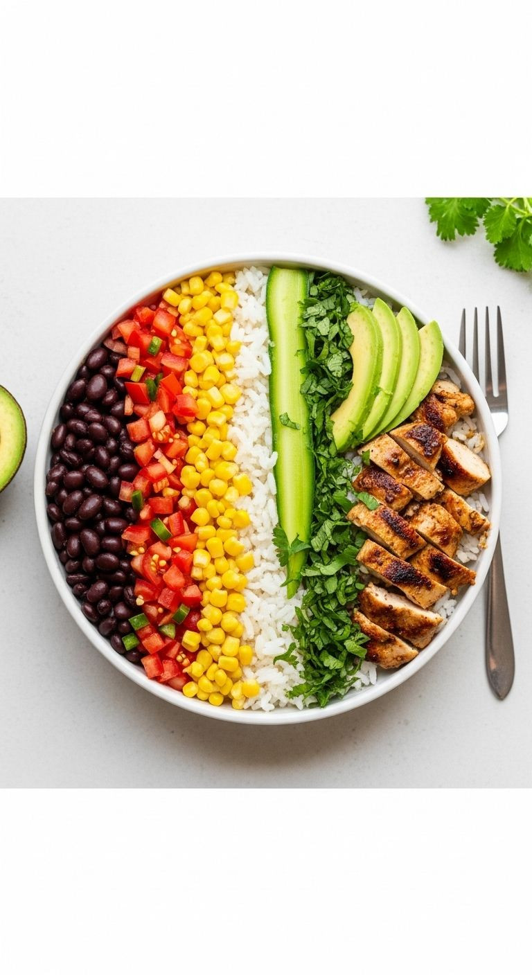 Photorealistic Vertical Portrait, Top-Down Flat Lay Of A Vibrantly Colored, Neatly Organized Healthy Burrito Bowl With Chicken, Corn, Black Beans, Pico De Gallo, Avocado, And Rice On A Clean Background.