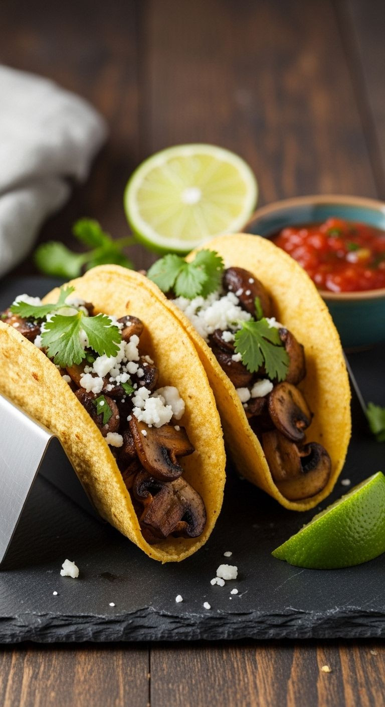 Photorealistic Vertical Portrait Close-Up Of Earthy Mushroom Tacos In A Rack On A Dark Slate Board, With Lime And Salsa Nearby, Under Dramatic, Warm Lighting.