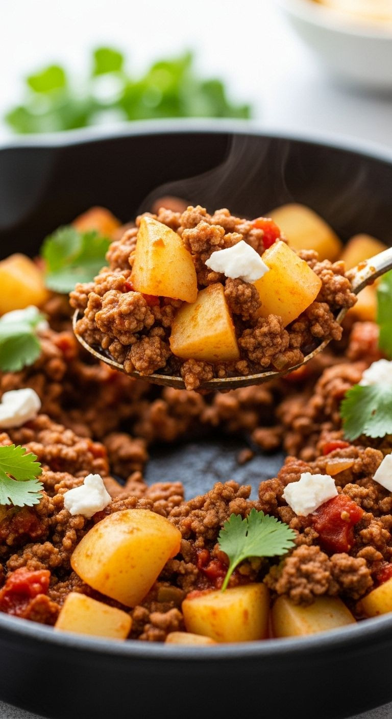 Photorealistic Vertical Portrait Close-Up Of A Spoonful Of Savory Picadillo Being Lifted From A Rustic Skillet, Showcasing The Rich Texture And Warm Colors.