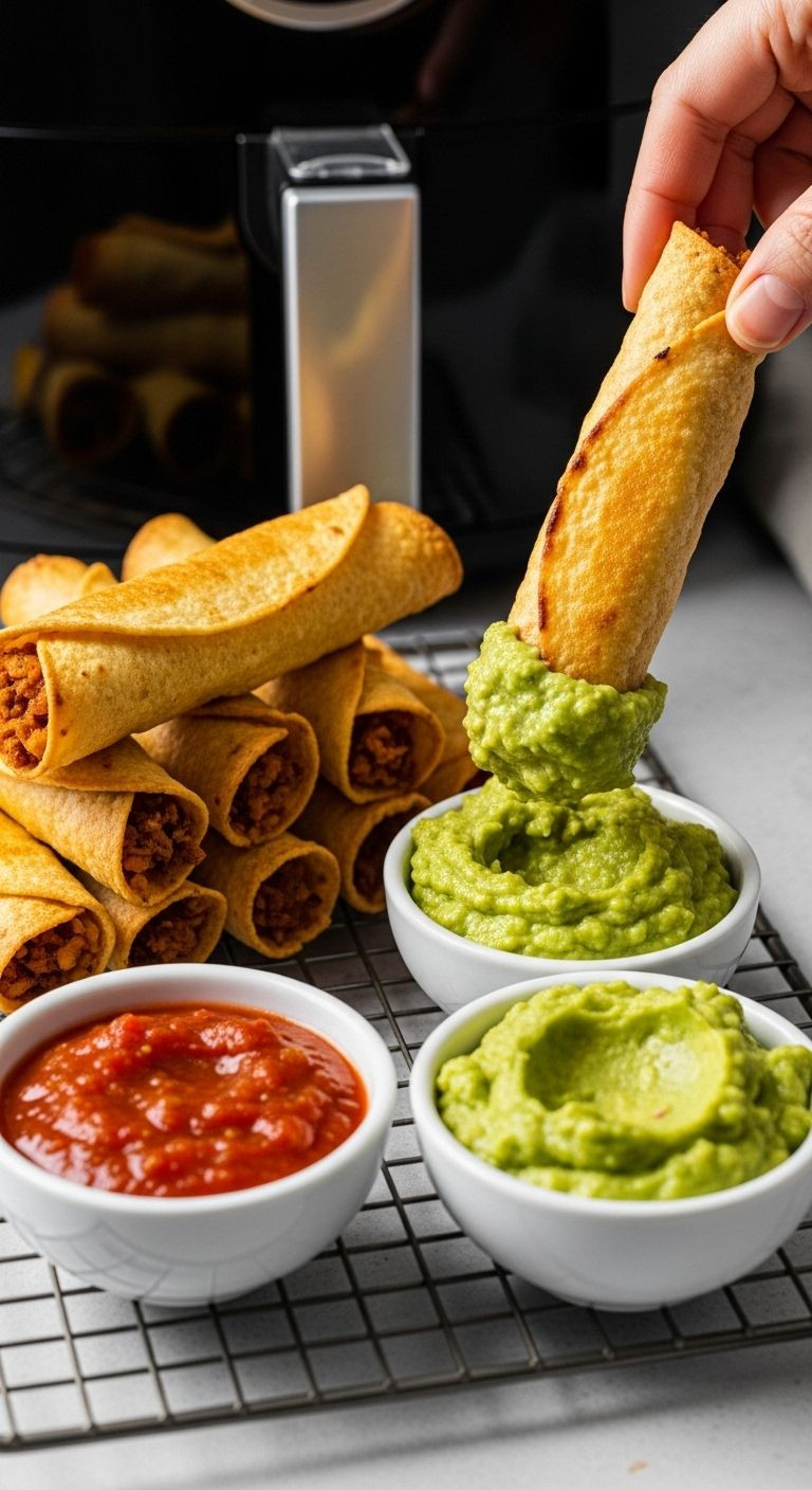Photorealistic Vertical Portrait Of A Stack Of Golden, Crispy Air-Fried Taquitos On A Wire Rack, With A Hand Dipping One Into Guacamole, All Under Bright, Crisp Lighting.