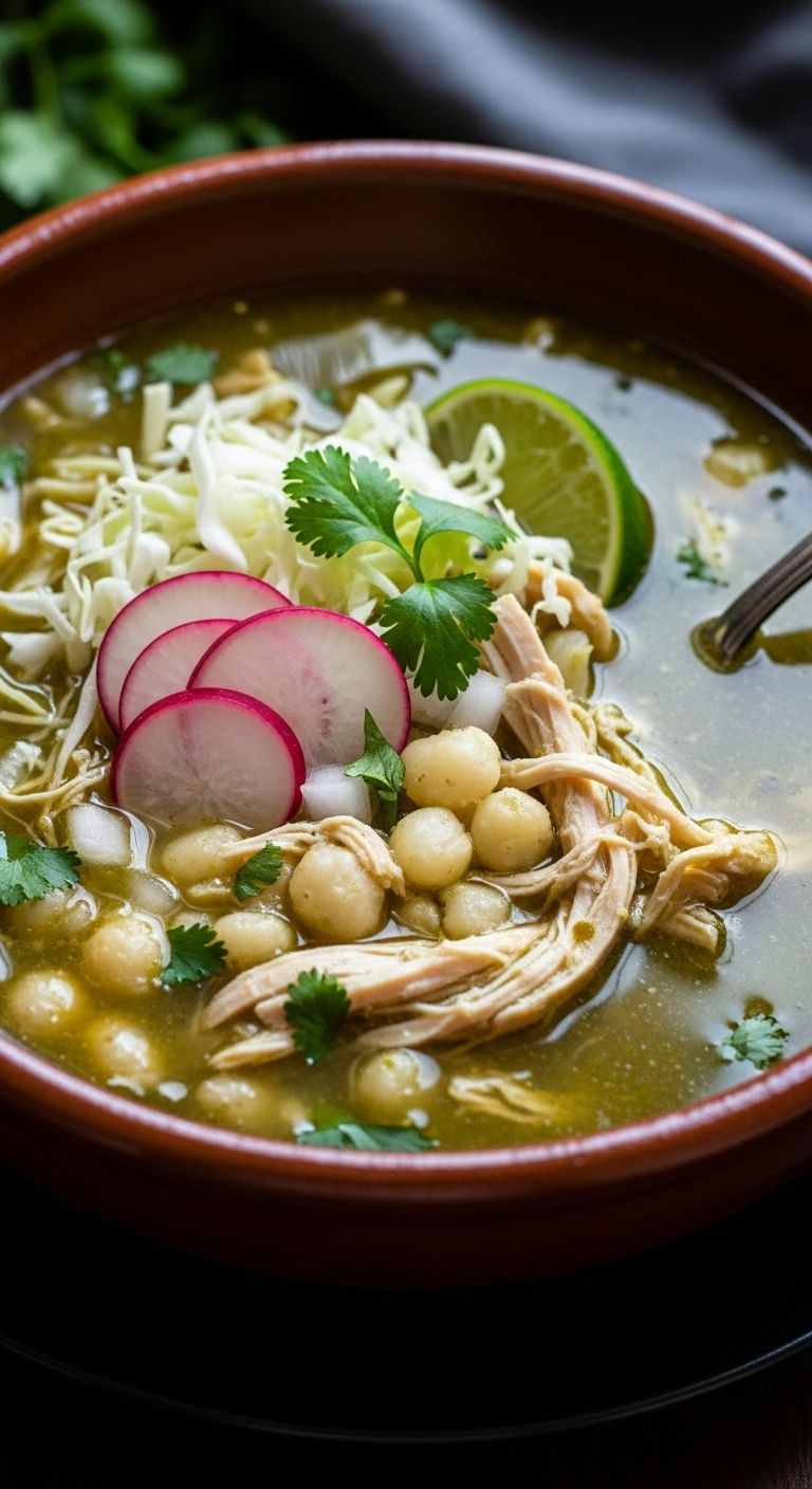Photorealistic Vertical Portrait Of A Soulful Chicken Pozole Verde In A Traditional Pottery Bowl, Showcasing Vibrant Green Broth And Fresh, Colorful Toppings, Under Warm, Rich Lighting.