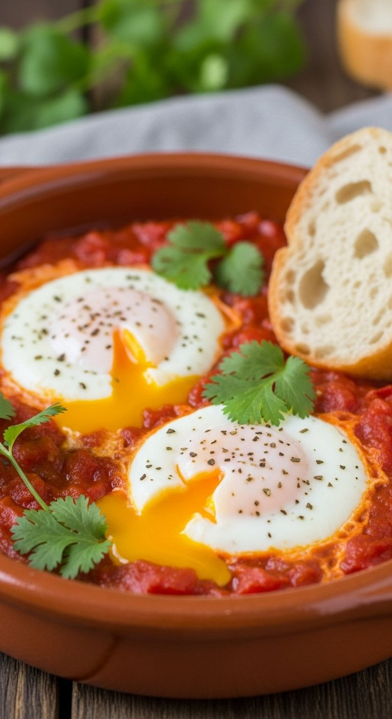 Photorealistic Vertical Portrait Of A Vibrant Terracotta Cazuela Filled With Red Salsa And Two Perfectly Poached Eggs With Runny Yolks, Garnished With Cilantro And Served With Crusty Bread, Under Soft Morning Light.