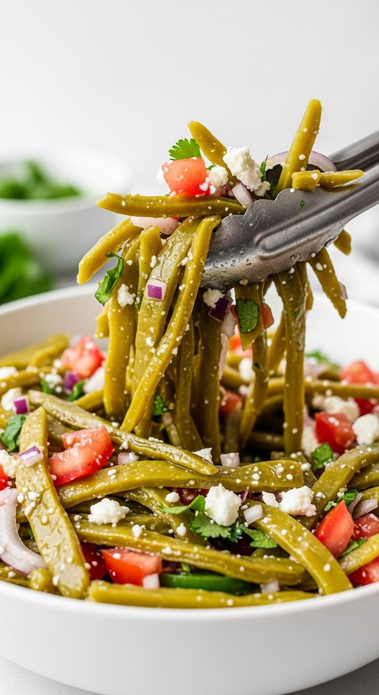 Photorealistic Vertical Portrait Of A Bright, Refreshing Ensalada De Nopales In A White Bowl, With Tongs Lifting A Serving, Showcasing The Vibrant Green Cactus Strips And Fresh Ingredients.