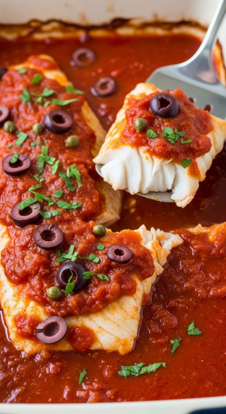 Photorealistic Vertical Portrait Of A Perfectly Cooked, Flaky White Fish Fillet Covered In Vibrant Veracruzana Sauce With Green Olives And Purple Capers, Being Lifted By A Spatula, In Elegant Lighting.