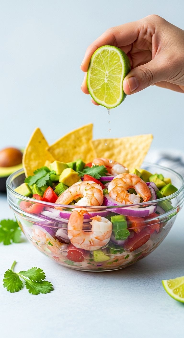 Photorealistic Vertical Portrait Of A Vibrant Shrimp Ceviche In A Clear Glass Bowl, With A Hand Squeezing Lime Over It, And Scattered Cilantro, Avocado, And Tortilla Chips On The Side, Bathed In Bright, Natural Light.