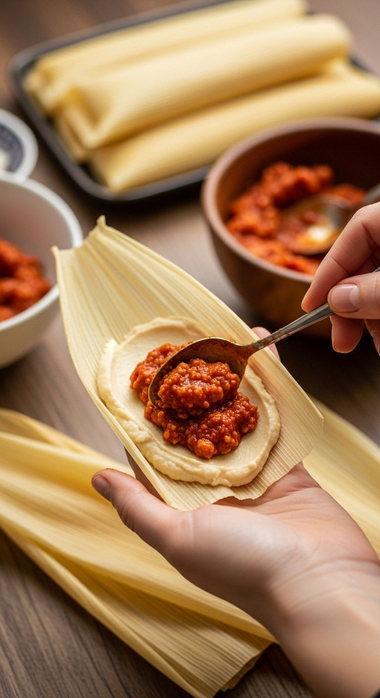A Close-Up Of Hands Assembling A Tamale, Spreading Masa On A Corn Husk With Savory Red Chile Pork Filling Visible, On A Wooden Table.