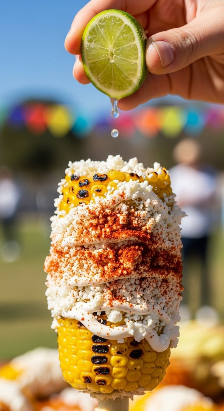 A Hand Holds A Grilled Elote Slathered With Crema, Cotija Cheese, And Chili Powder, With A Lime Wedge Being Squeezed Over It In A Festive Outdoor Setting.