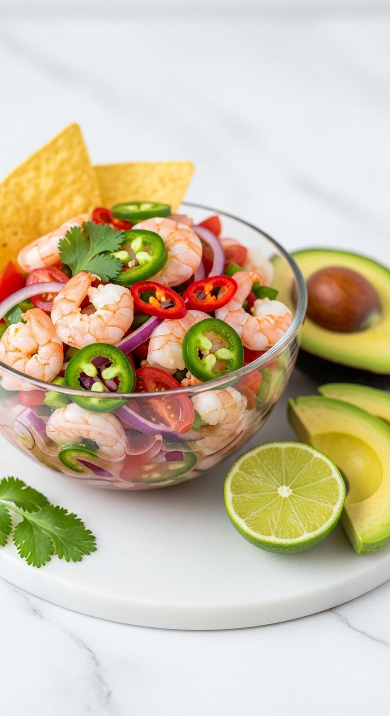 A Clear Glass Bowl Filled With Vibrant Shrimp Ceviche, Garnished With Tortilla Chips, Avocado, And Lime Wedges On A White Marble Surface.
