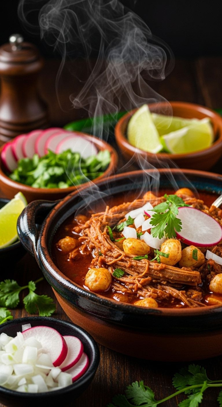 Rustic Ceramic Bowl Of Pozole Rojo With Shredded Pork And Hominy, Garnished With Cilantro, Onions, Radishes, And Lime On A Dark Wooden Surface.