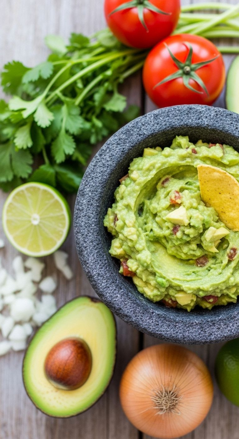 A Top-Down View Of A Molcajete Filled With Chunky Guacamole, With A Chip Dipping In And Fresh Ingredients Arranged On A Light Wooden Surface.