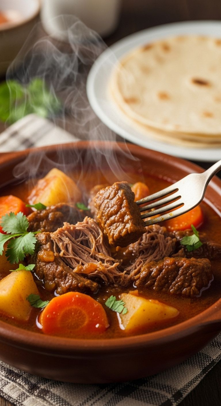 A Rustic Bowl Of Steaming Carne Guisada With Fork-Tender Beef, Potatoes, And Carrots, Served With Warm Tortillas On A Plaid Napkin.