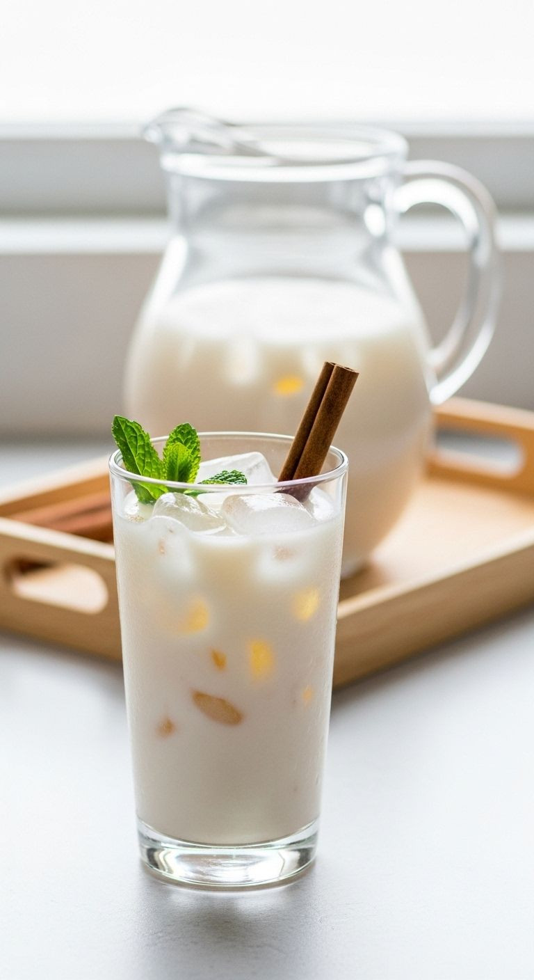 A Tall Glass Of Iced Horchata With A Cinnamon Stick And Mint Garnish, Alongside A Pitcher On A Light Wooden Tray.