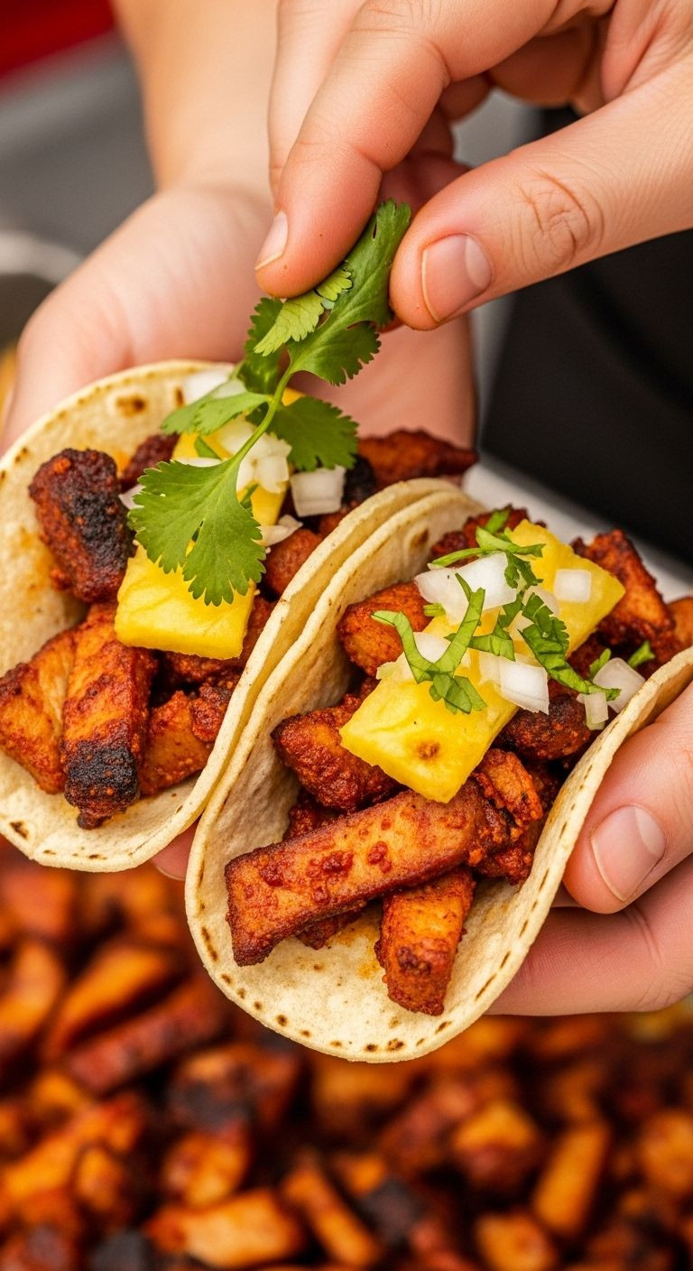 Hands Holding Two Al Pastor Tacos Filled With Charred Pork, Pineapple, Cilantro, And White Onion, Against A Blurred Street Food Background.