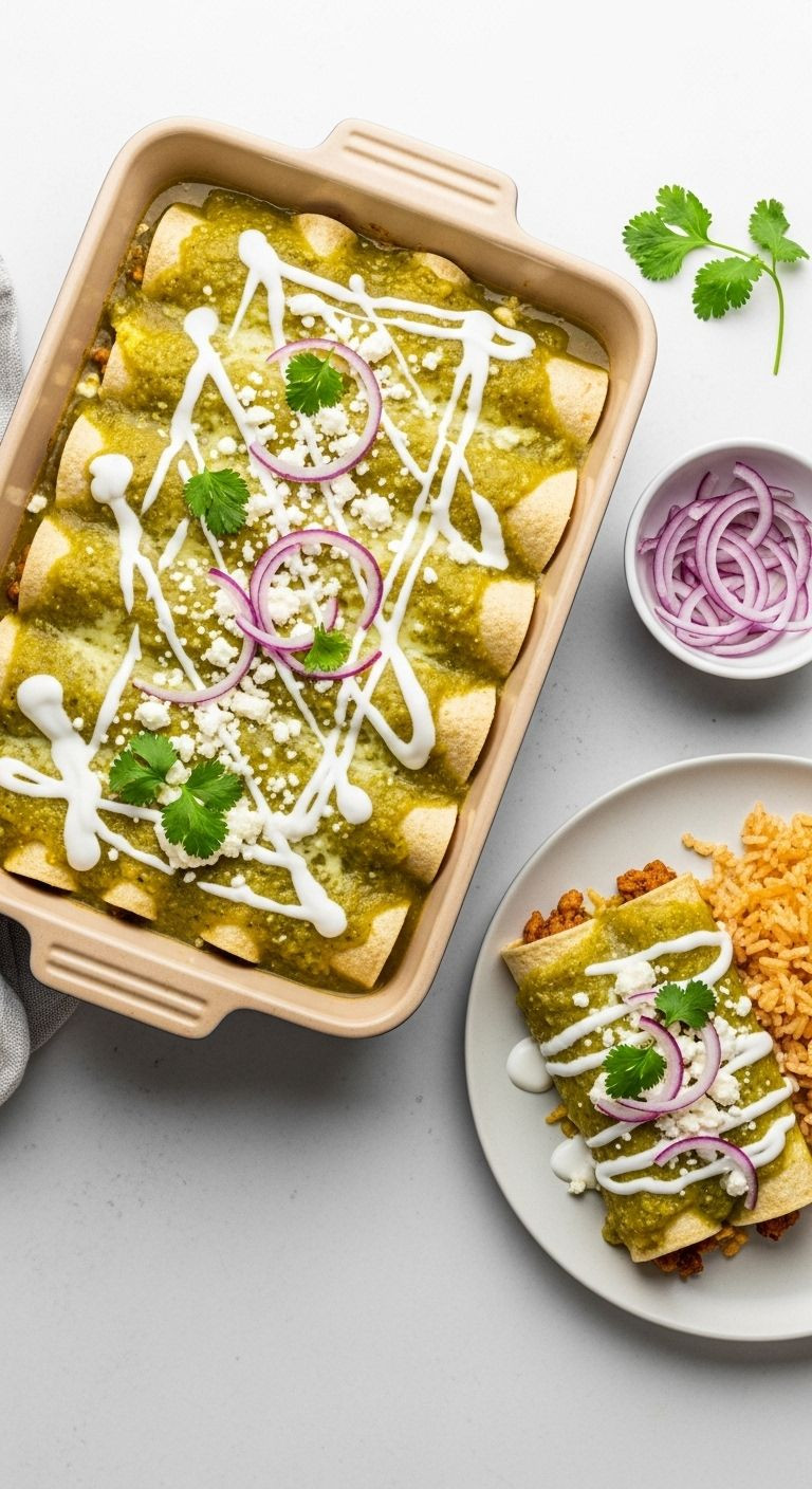 A Top-Down View Of Enchiladas Verdes In A Rustic Casserole Dish, Topped With Crema, Queso Fresco, And Cilantro, With A Plated Serving And Rice.