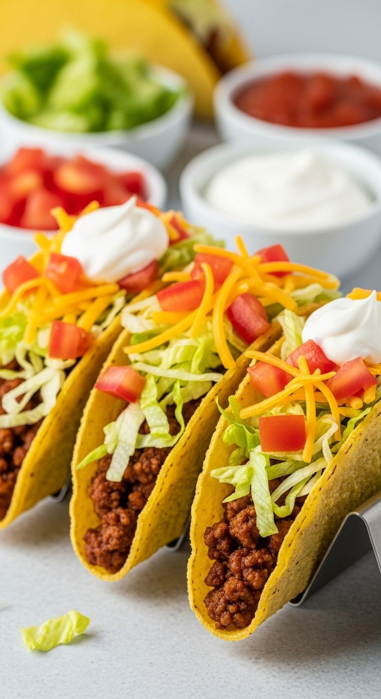 Three Crispy Ground Beef Tacos In A Holder, Overflowing With Seasoned Meat, Fresh Lettuce, Tomatoes, And Cheese, Surrounded By Topping Bowls.