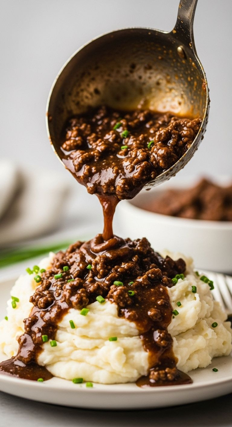 A Generous Scoop Of Creamy Mashed Potatoes Is Topped With Rich, Dark 20-Minute Ground Beef And Gravy, Garnished With Fresh Chives.