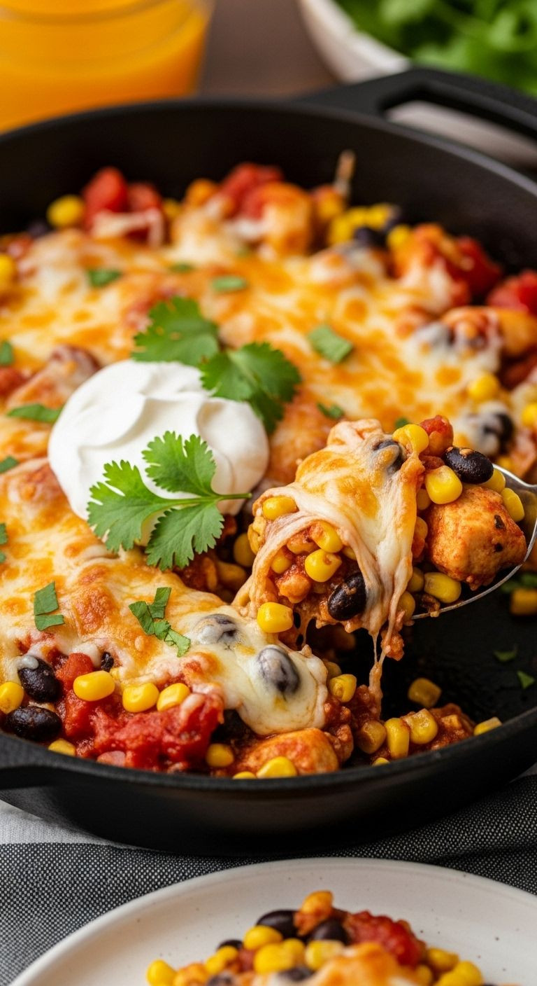 Bubbly Southwest Chicken Skillet In A Cast-Iron Pan, Topped With Melted Cheese, Sour Cream, And Cilantro, Being Served.