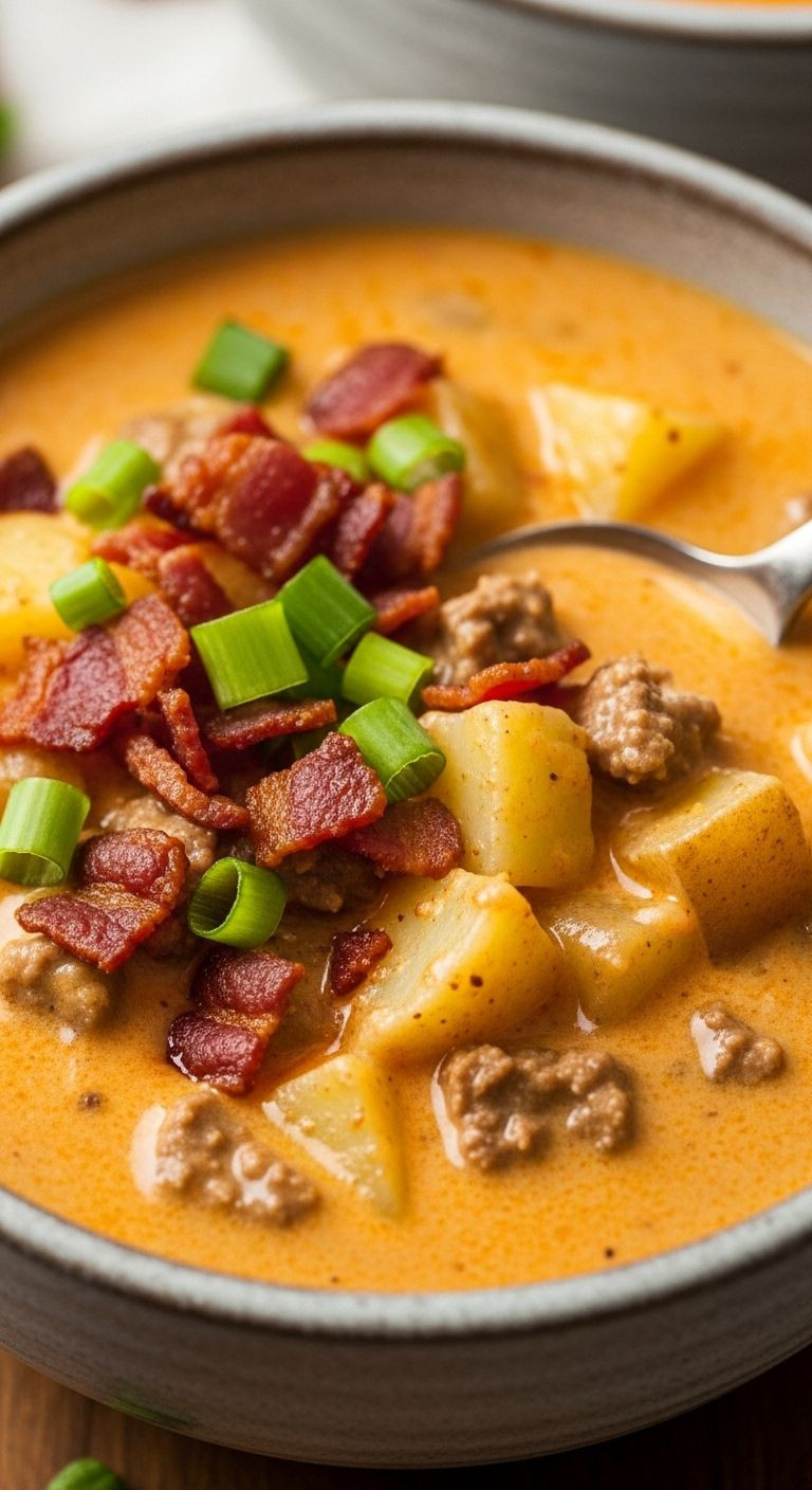 A Rustic Stoneware Bowl Filled With Thick, Creamy 30-Minute Cheeseburger Soup, Garnished With Crispy Bacon Bits And Green Onions, With A Spoon Revealing Its Rich Texture.