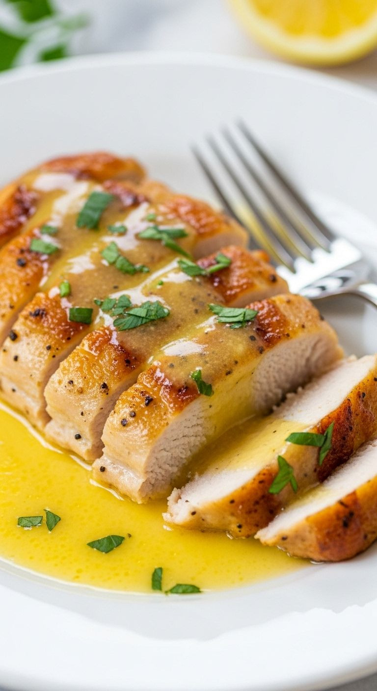 Beautifully Plated Lemon Pepper Chicken Breast With A Glossy Butter Sauce On A White Dish, Ready To Eat.