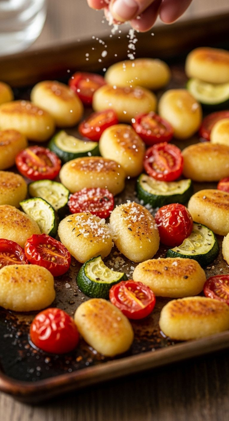 Crispy Sheet Pan Gnocchi With Roasted Zucchini, Blistered Tomatoes, And A Sprinkle Of Parmesan Cheese.