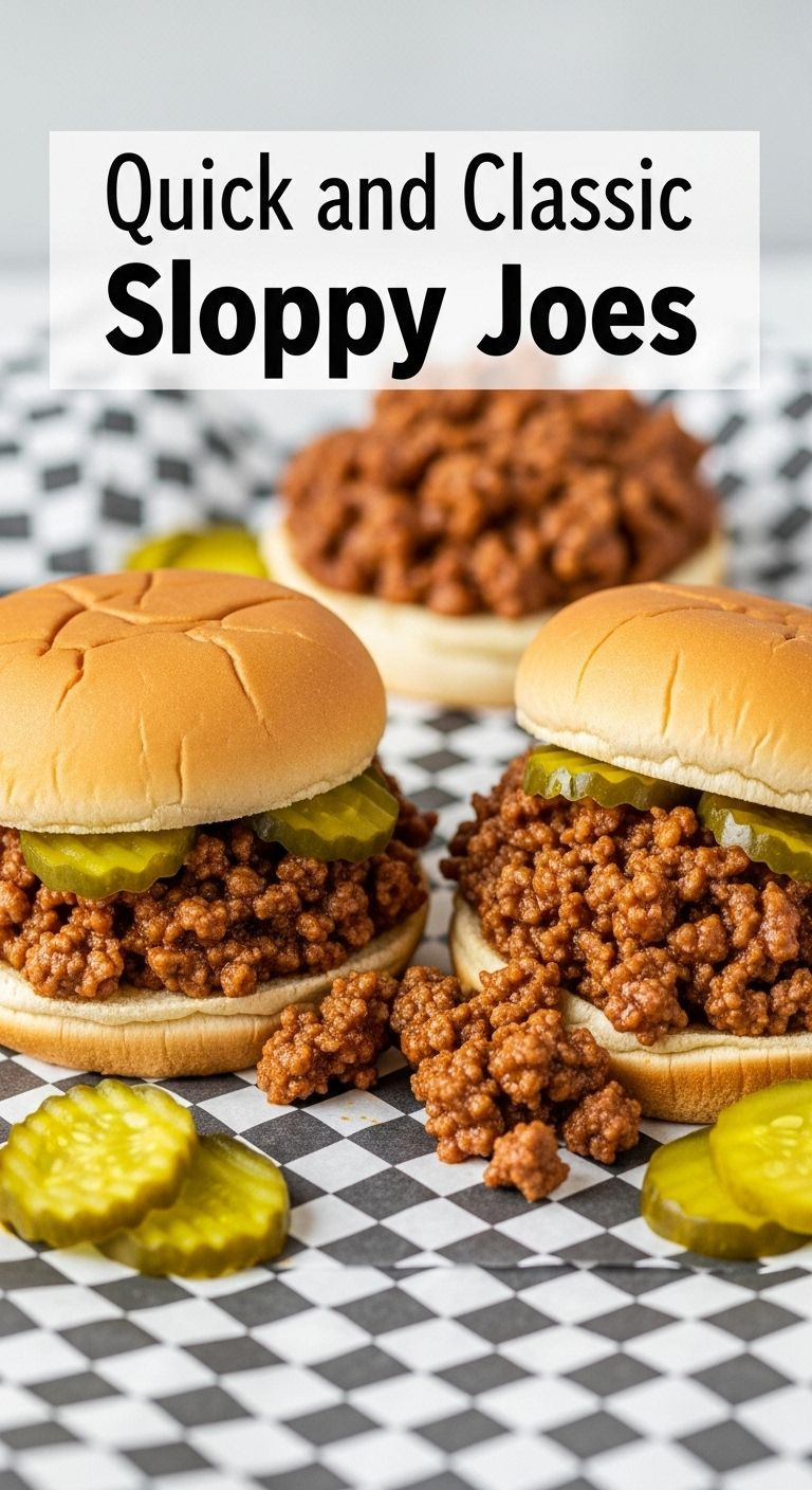 Two Quick And Classic Sloppy Joes On Checkered Wax Paper, With Saucy Ground Beef Spilling From One, Served Alongside Dill Pickle Chips.